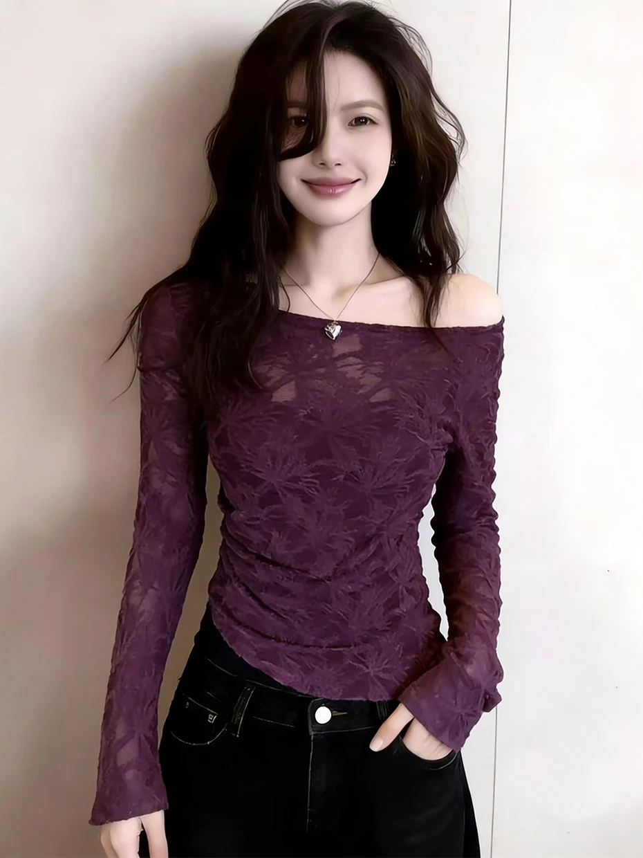 

Женская базовая блузка Spicy Girl с фиолетовым кружевом, элитная, красивая, новая весенняя модель, топ с одним открытым плечом