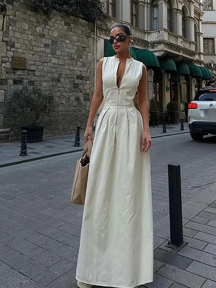 Sexy Solid  High Waist Zipper Slim Maxi Dress Women Fashion V-neck Sleeveless Pleated Long Dresses Summer Female Street Robes