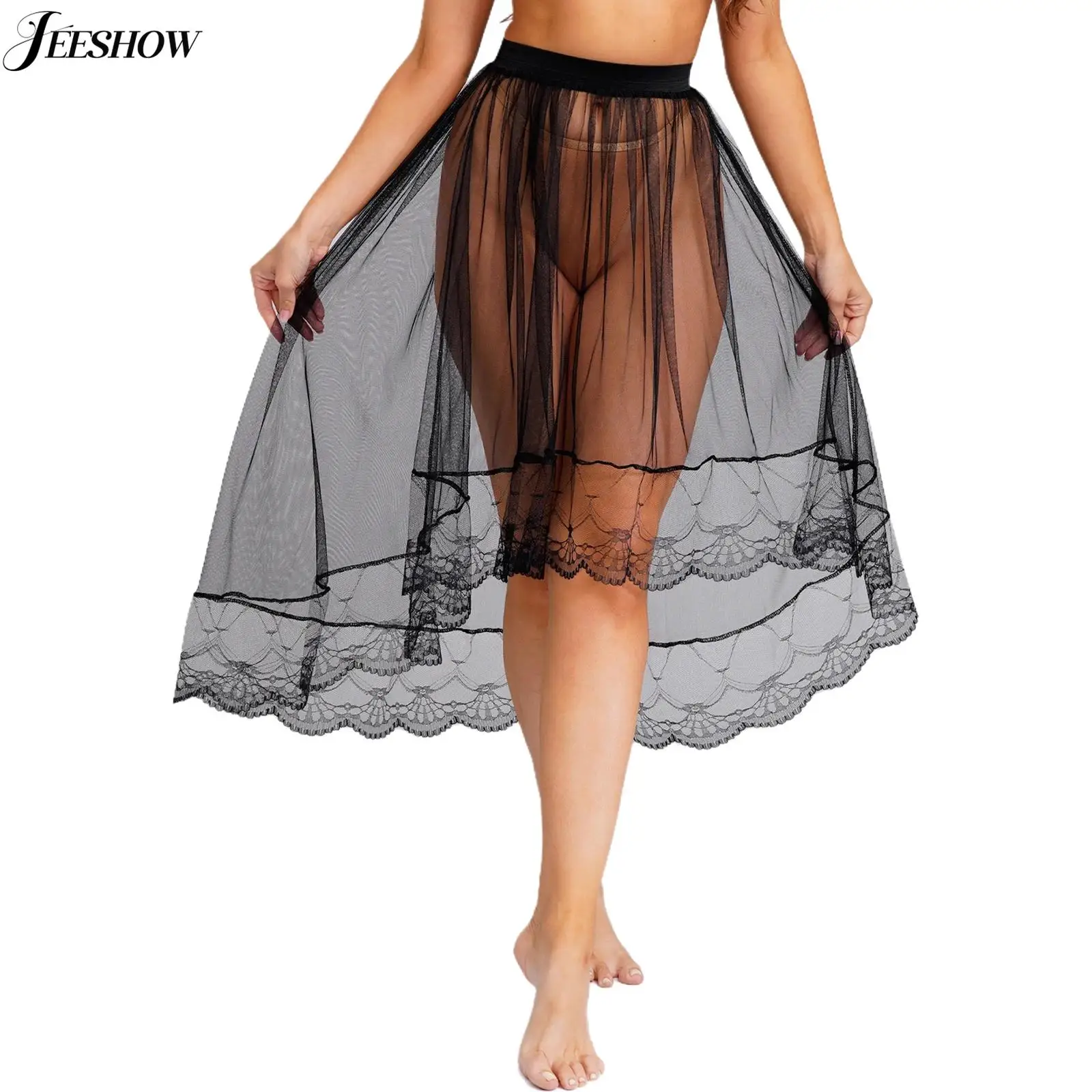 

Womens Sheer Mesh Cover Up Skirt Elastic Waistband Lace Trim High-Low Mid Skirt Extender Half Slip Overlay Skirts Party Clubwear