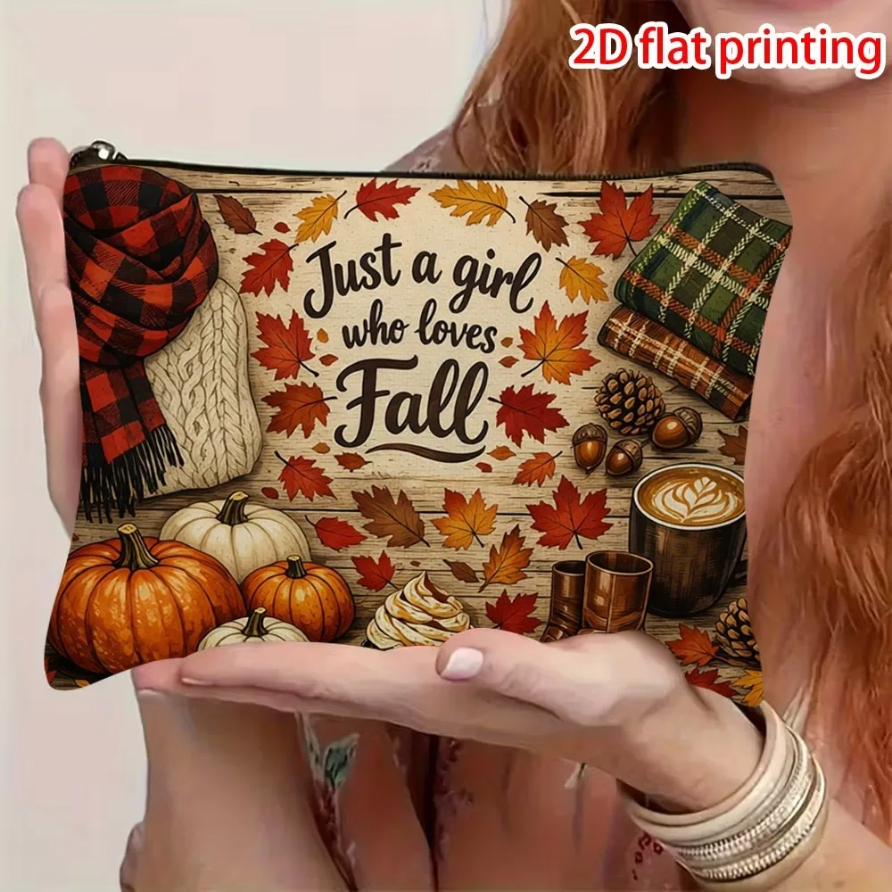Printed Makeup Bag Just A Girl Who Loves Fall Cosmetic Pouch Portable Travel Toiletry Bag Autumn Thanksgiving Gift for Women