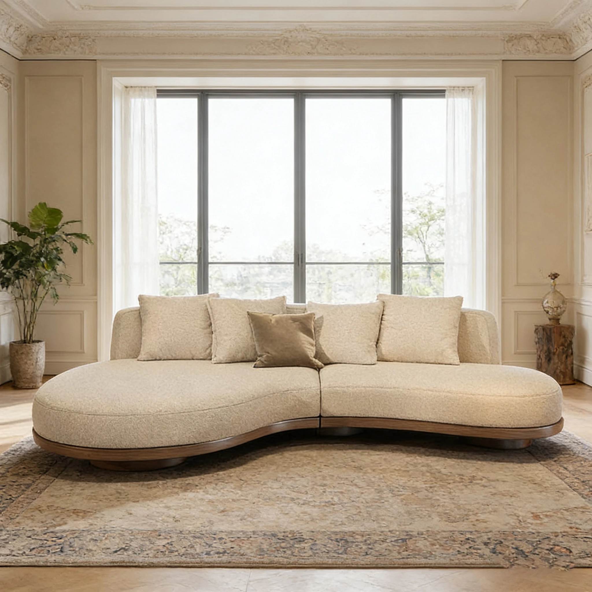 Z*-High End Wabi Sabi Style Curved Sofa with Natural Wood Base for Minimalist Home^