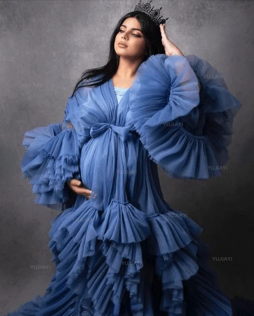 Extra Puffy Tulle Maternity Dresses for Photo Shoot Ruffles Tiered Pregnancy Women Baby Shower Party Gowns Sleepwear Long Robes