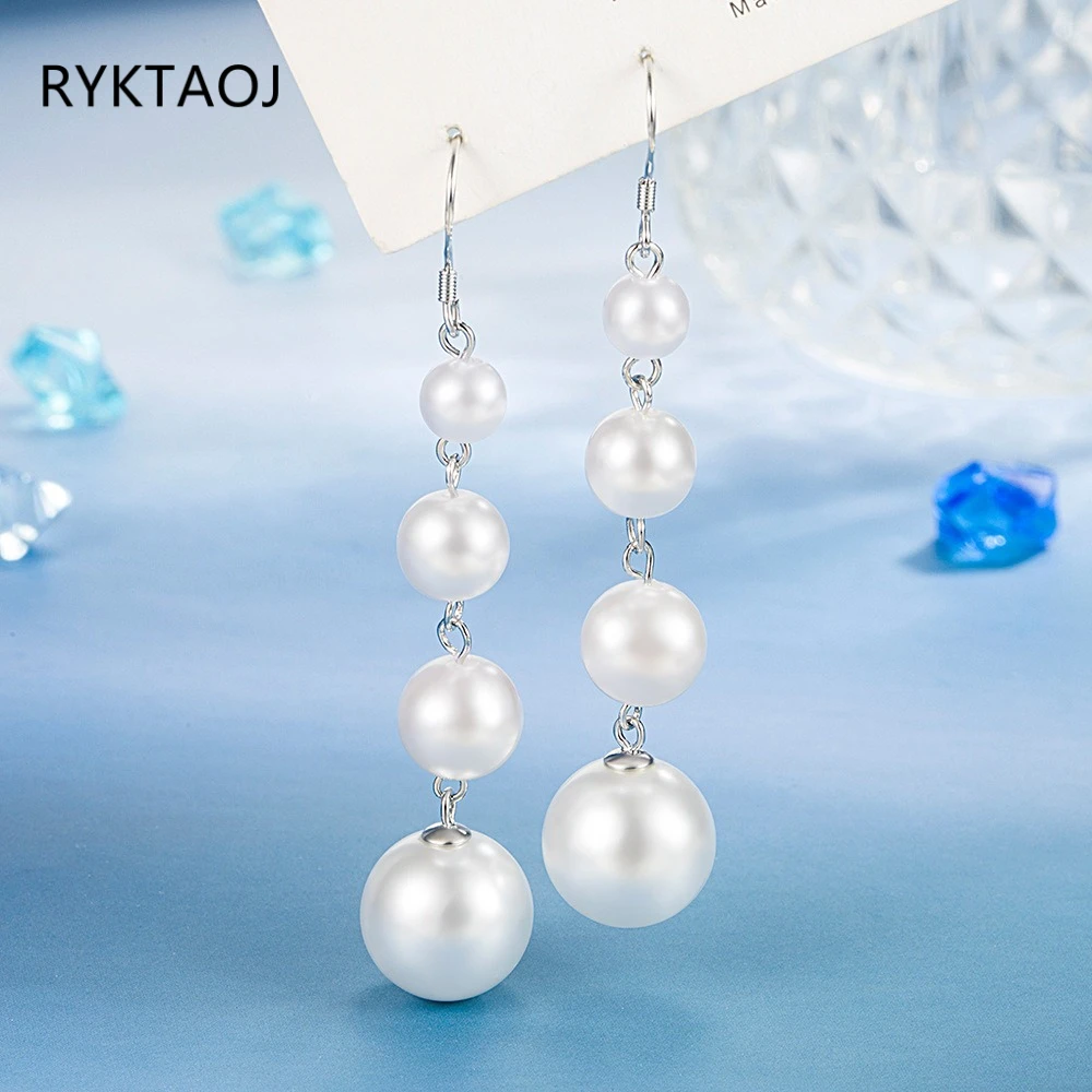 925 Sterling Silver Long Pearl Drop Earrings for Women Chunky Graduated White Pearls Hook Dangle Earrings Elegant Jewelry Gift
