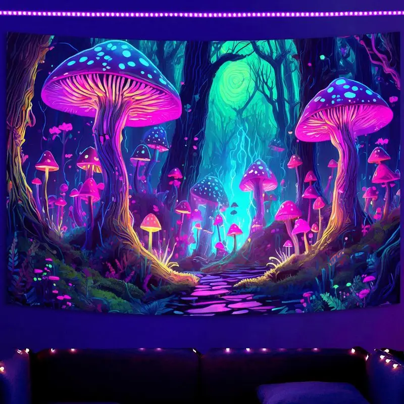 VIKAMA Blacklight Magic Mushroom Tapestry Fantasy Forest Wall Hanging UV Glow Trippy Neon Aesthetic Dorm Bedroom Wall Decor