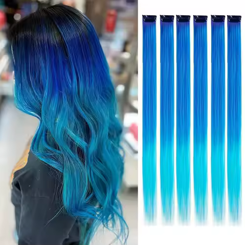 Clip in Hair Extensions Colored Party Highlights 22 inches 6pcs/pack Multi-colors Straight Hair Synthetic Hairpieces Royal Blue - Image 15