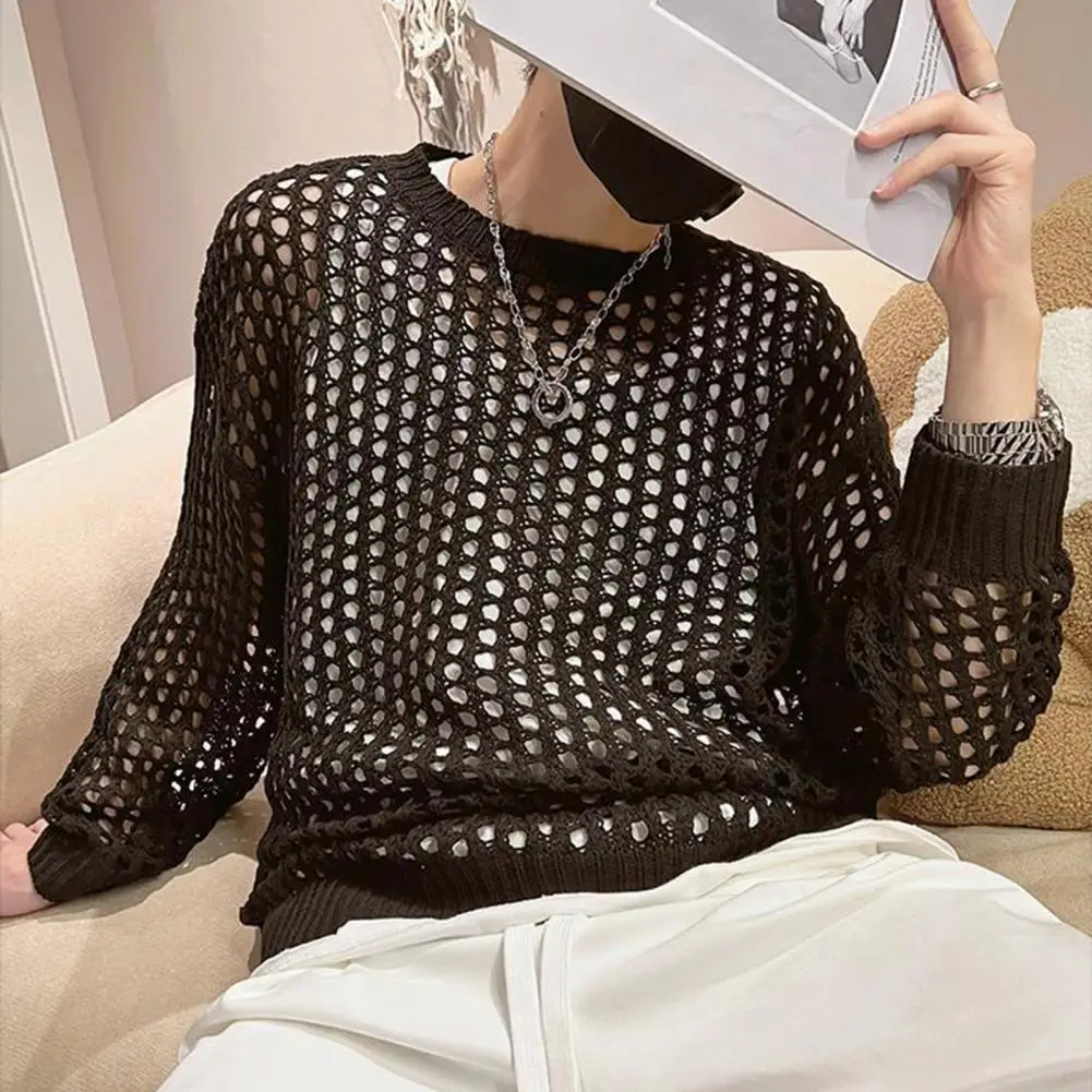 Men Hollow Top Mesh Fishnet Solid Color Round Neck Loose Long Sleeve Clubwear Hip Hop See-through Elastic Pullover Party Top