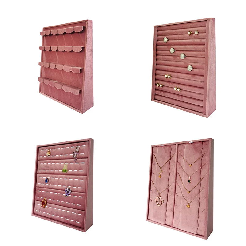 High End Rosa Samt Schmuck Display Requisiten Ring Ohrringe Halter Halskette Armband Tablett Organizer Schmuck Shop Fenster Display