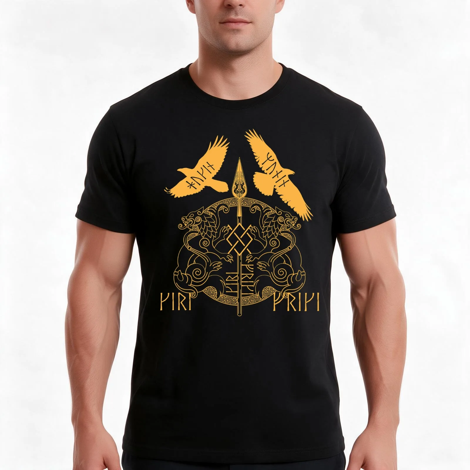 Norse Mythology Spear of Odin Gungnir Runes Geri Freki Huginn Muninn T-Shirt, Summer Casual Cotton Tee, Vintage Graphic Print