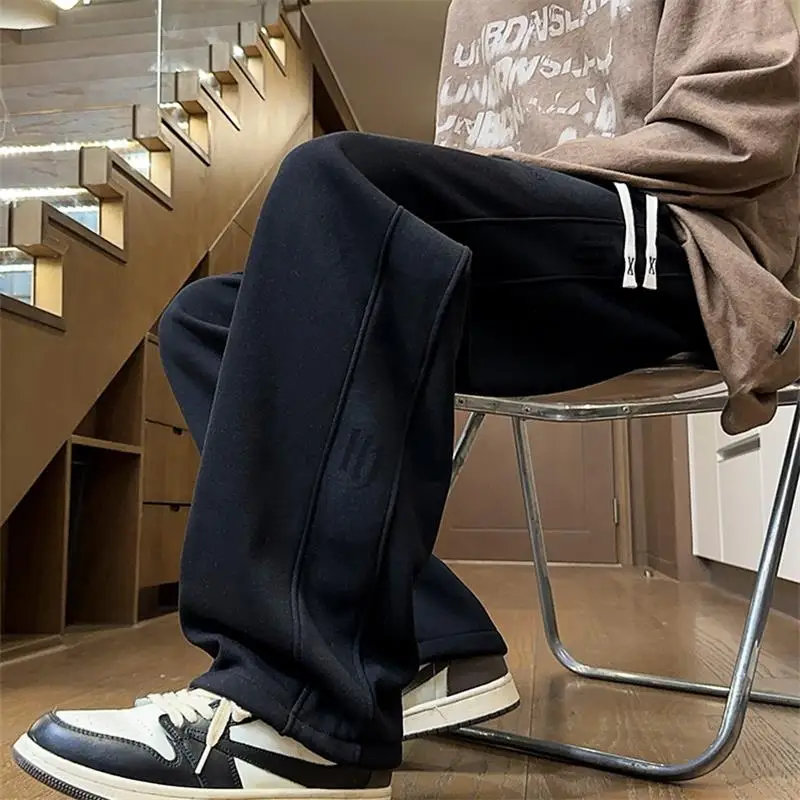 

Loose Men's Fce Lined Straight Leg Pants Dstring Casual Trousers Spring Autumn Winter Outerwear Youth Faion