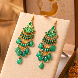 New Bohemian Fan Shaped Water Drop Earrings for Women Fashion Ethnic Long Temperament Dangle Earring Party Vacation Jewelry