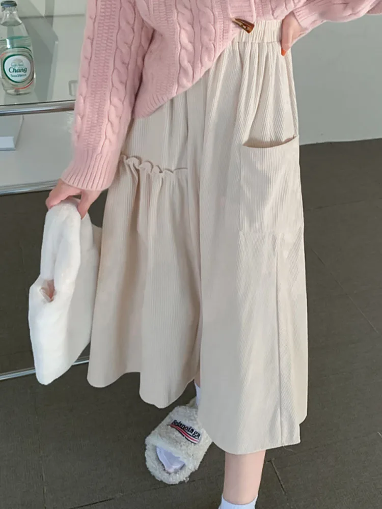 

Vintage Long Skirts Women Autumn Winter Casual Loose Corduroy Skirts Female Korean Fashion High Waist Irregular Patchwork Skirt