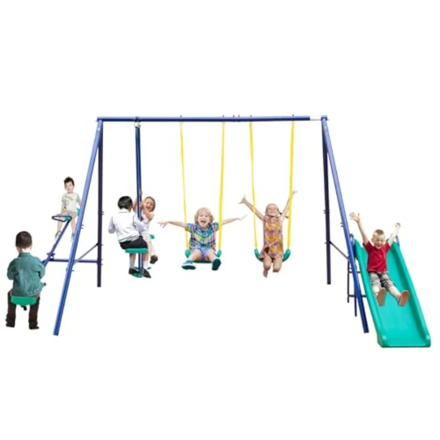 

5 in 1 Metal Swing Set for Backyard with Slide Teeter-Totter Swing Glider Heavy-Duty A-Frame for 3-8 Weather Resistant Durable