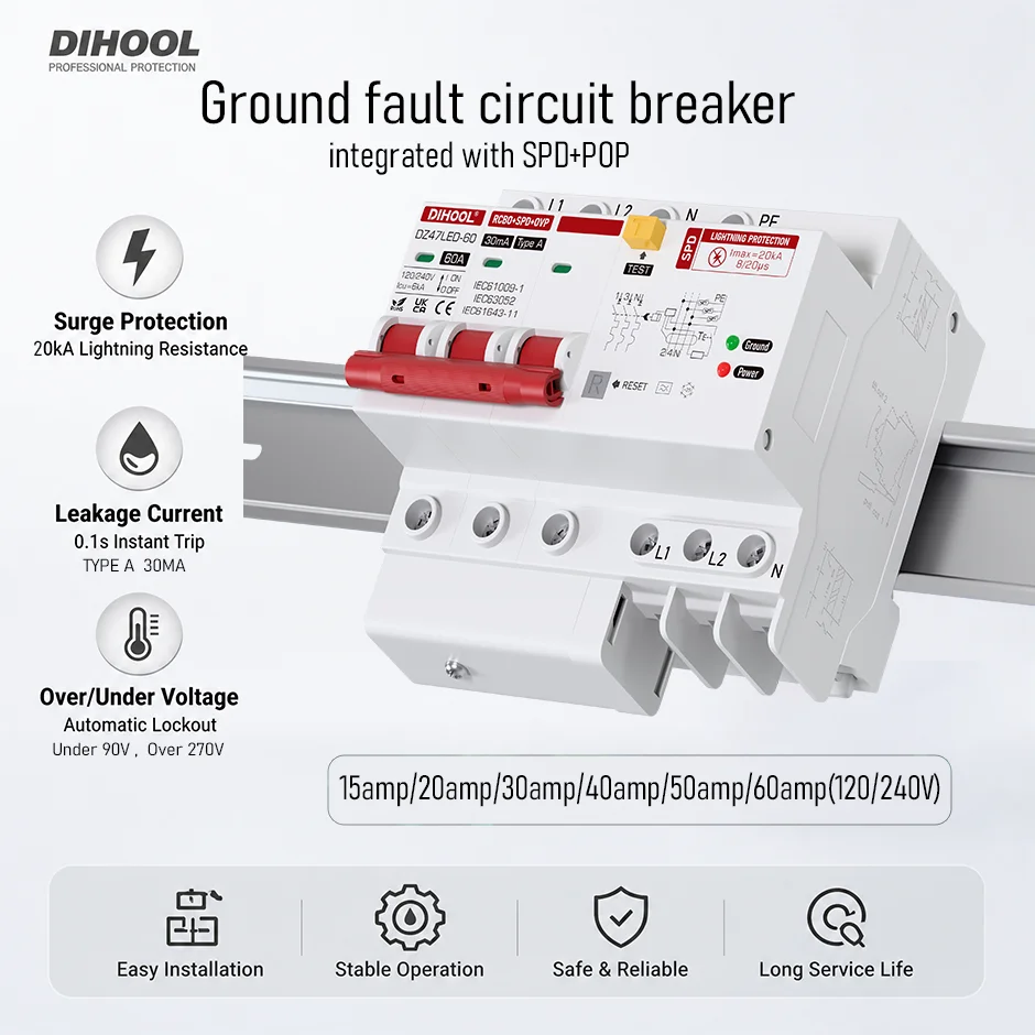 Type A Grounding Fault Circuit Breaker 30MA 2P+N Surge Protection Overvoltage Undervoltage Protection for Electrical Safety