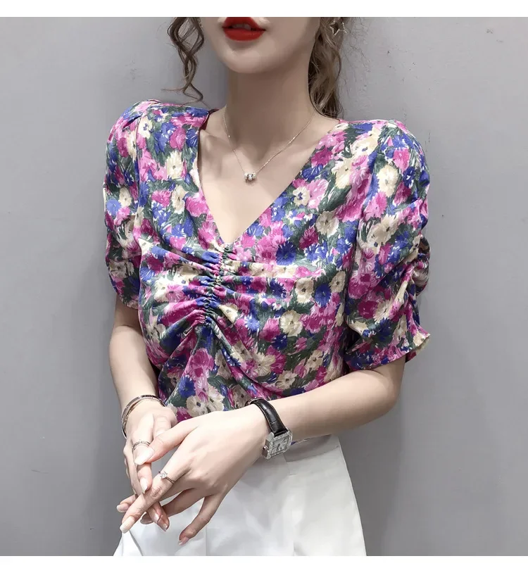 Tops For Women Summer 2020 Vintage Korean V Neck Ruched Flower Short Sleeve Chiffon Floral Print Blouse Shirt Top Women Clothing