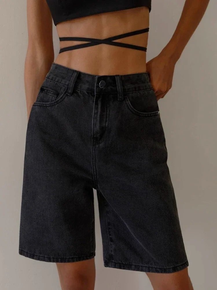 Loose Women's Denim Shorts Vintage Casual Straight Wide Leg shorts Fashion Summer High Street Oversize High Waist Black Shorts