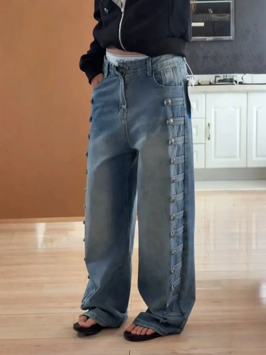 Loose Wide Leg Casual High Waist Zipper Closure Double Buttoned American Court Style Denim Jeans Women's plus Size Casual Lon...