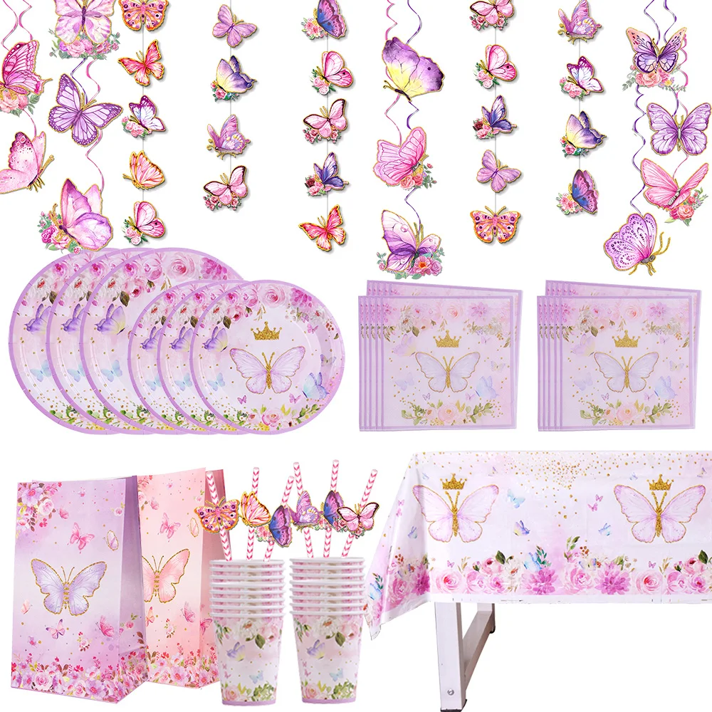 Розовая бабочка, принадлежности для дня рождения, одноразовые бумажные тарелки, салфетки, чашки, скатерть, подвесные завитки, бабочка, декор на день рождения