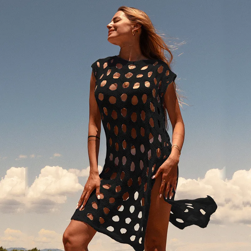 Robe tricotée au Crochet pour femmes, Sexy, ajourée, vêtements de plage, bikini, Cover-Up, mode, col rond, tenues de vacances, noir et blanc