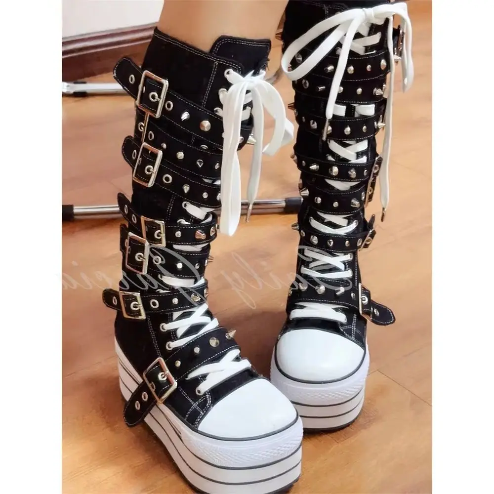 

Street Punk Rivet Gothic Style Thick Sole Belt Buckle Round Toe Knee High Canvas Boots Balck White Platform Casual Long Boot