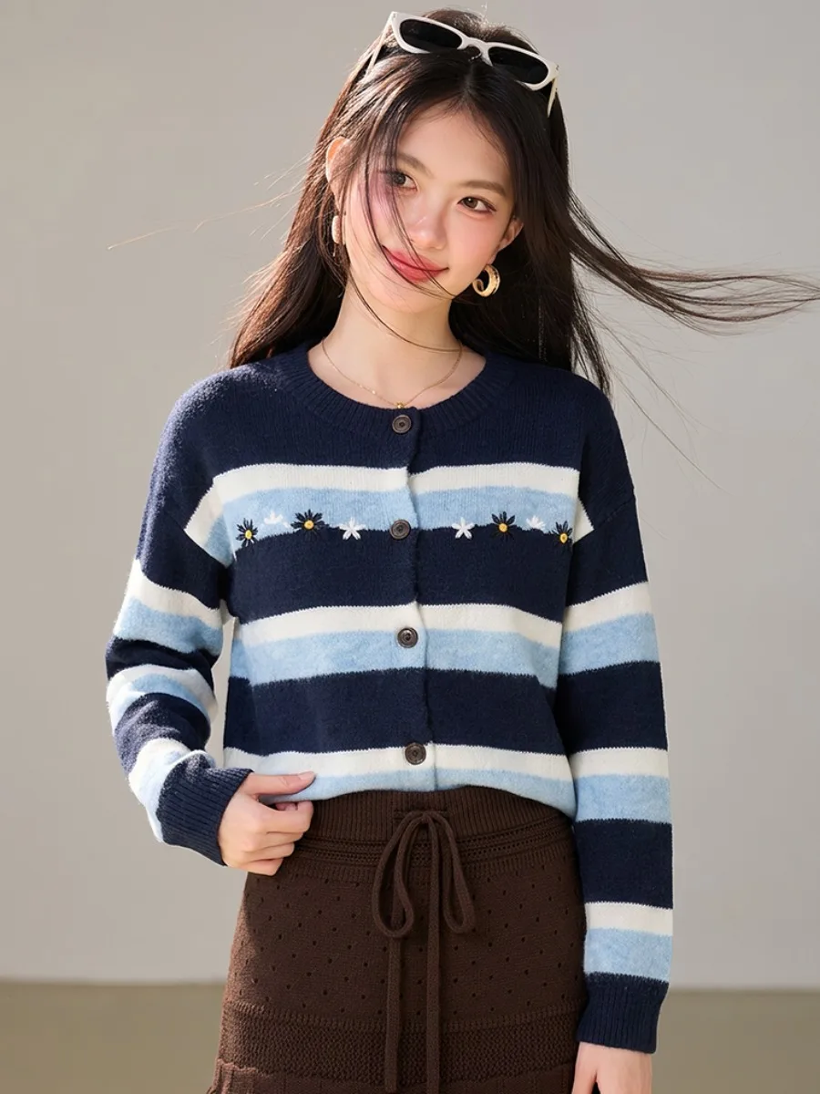 Retro Color Block Striped Knitted Open Cardigan Women's round Neck Short Loose Long Sleeve Outerwear Top Sweet Style Regular Fit