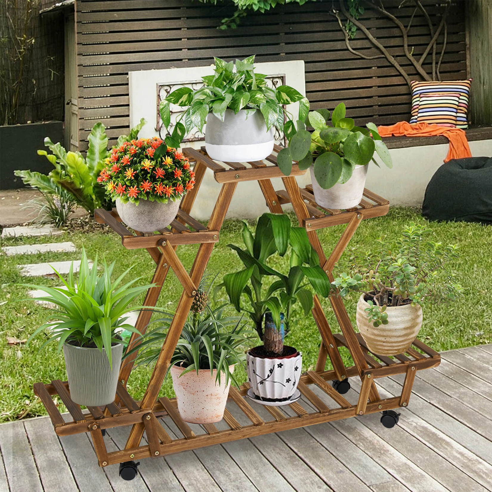 Triangular Plant Shelf 6 Potted Wood Plant Holder Flower Pot Stand Display Storage Rack with Wheels