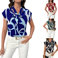 Brush Print Tie Neck Blouse, Elegant Short Sleeve Top For Spring & Summer, Women's Clothing