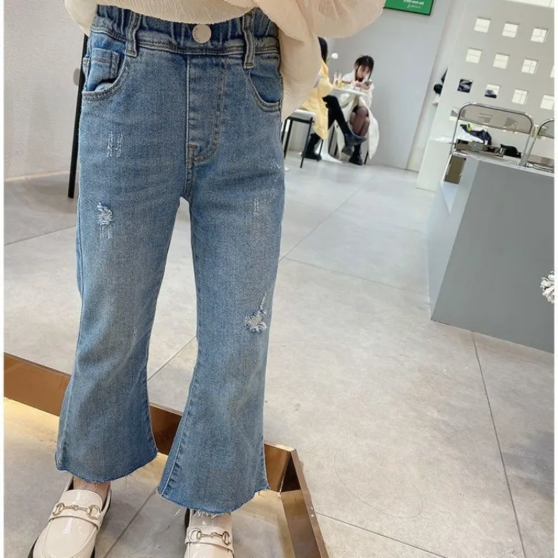 

Teenage Girls' Jeans Spring and Autumn New Children's Slim Fit Elastic High Waist Bellbottom Pants for Outer Wear 100-160cm