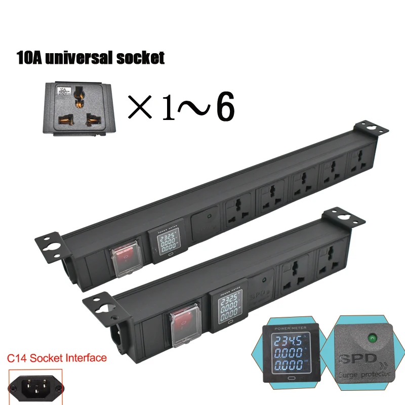 

C14 port PDU power strip Network Cabinet Rack 1-6AC 10A Universal electrical socket with ammeter surge protection wireless