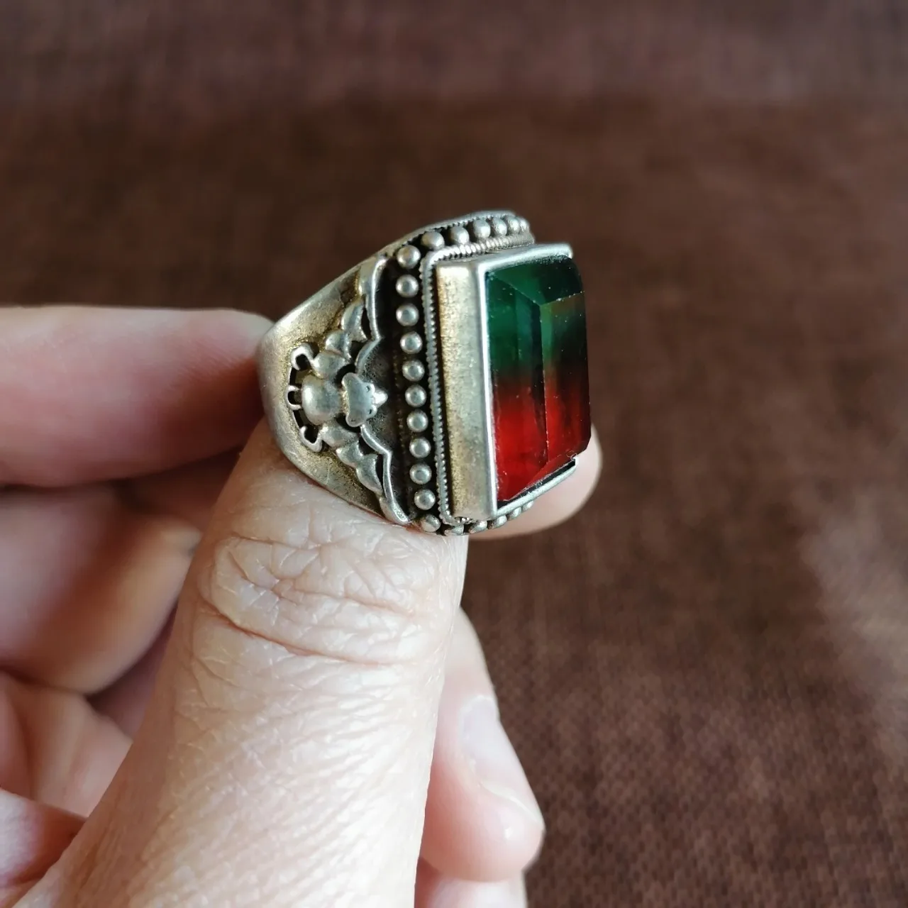 Collection Old Silver Inlaid Gemstone Tourmaline Ring, Ice Square Ring Holder, Vintage Live Ring Ethnic Tibetan Silver Ring