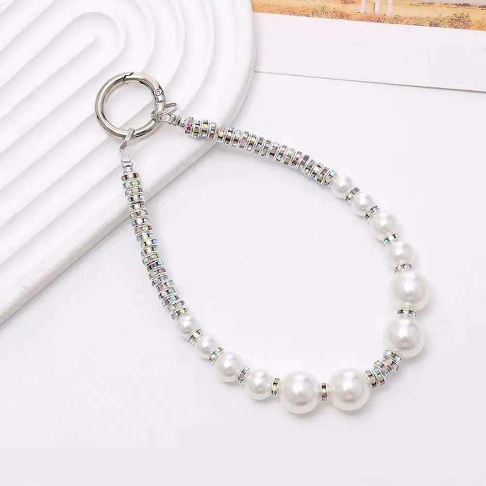 Mobile Phone Wrist Strap Fashionable Faux Pearl Phone Wrist Strap Beaded Charm Anti-theft Lanyard Rhinestone Hands-free Bracelet