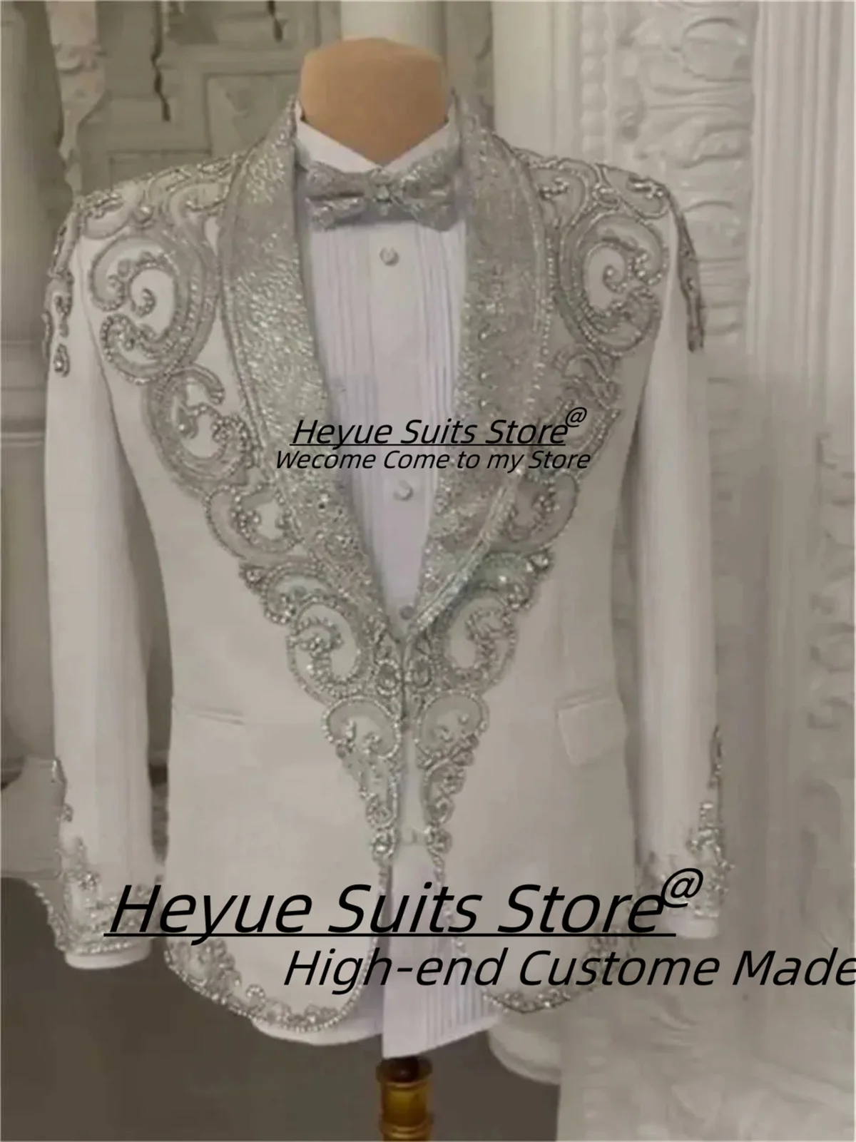 Luxurious Beaded Wedding Tuxedos Crystal 2 Piece Set Jacket Pants Shawl Lapel Men Suit Noble Trim Fit Party Suits Customized