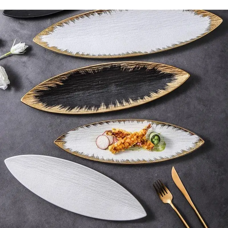 Ceramic Leaf Shaped Sushi Plate Gold Edged Frosted Dessert Dim Sum Molecular Cuisine Specialty Tableware