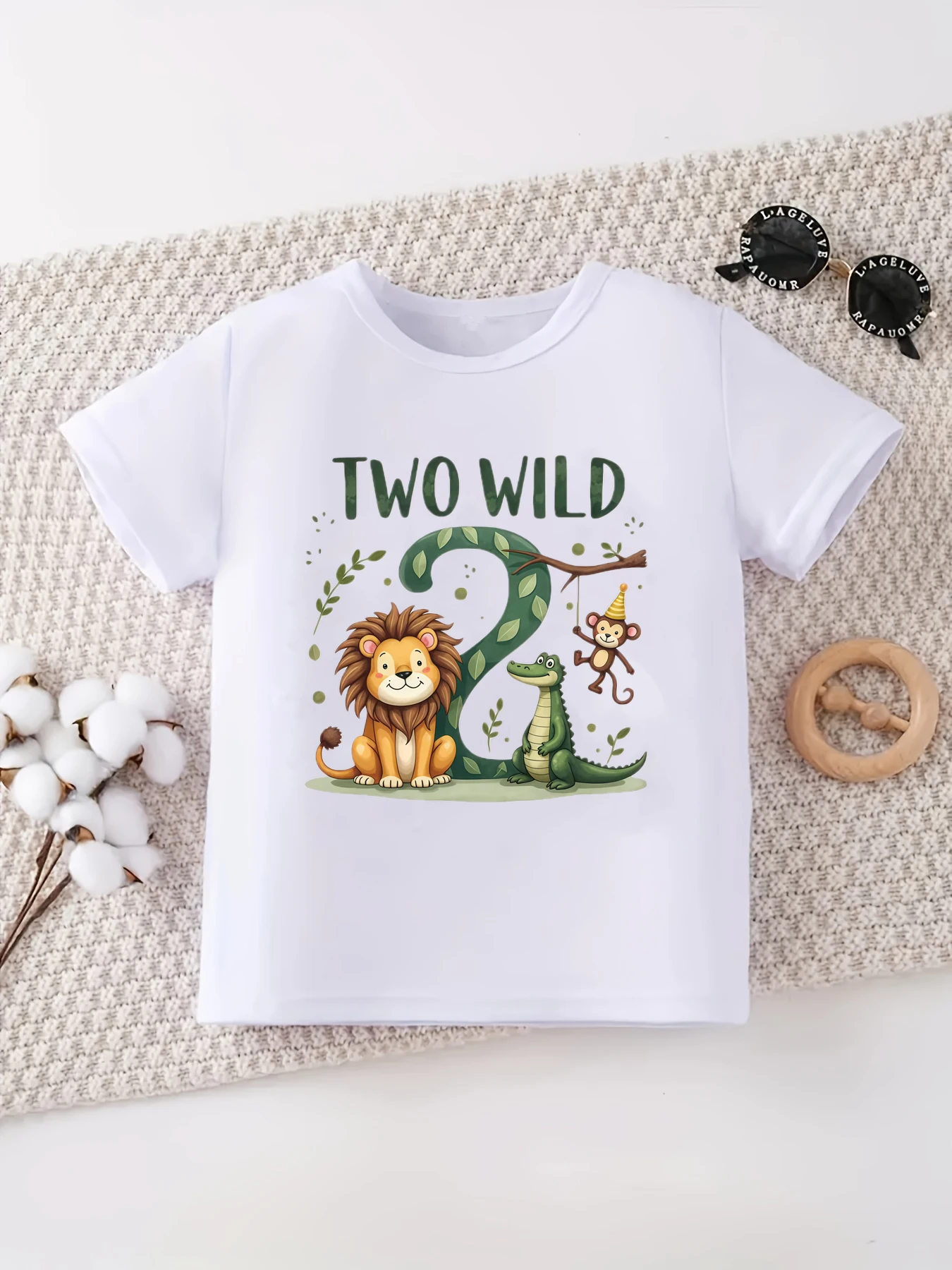 Safari Two Wild Lion Crocodile Monkey Printed T Shirt Girls/Boys 2nd Birthday Gift Shirt Kawaii Toddler Short Sleeve T-Shirt