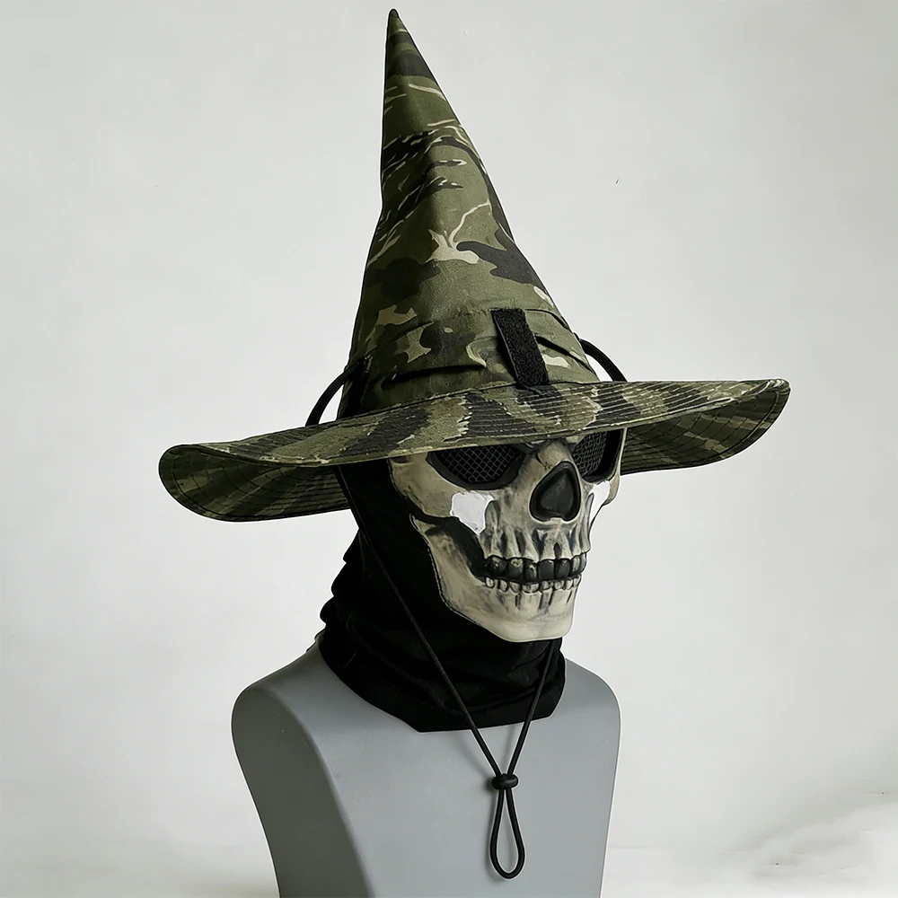 Tactical Hats Masks Set Unisex Camouflage Wide Brim magic Witch Hat Airsoft COD Halloween Skeleton Head Mask for CS Cosplay