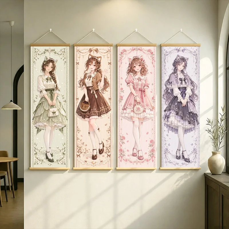 Anime Women in Green, Brown, Pink and Purple Ruffled Dresses Wall Scroll with Vintage Inspired Florals for a Reading Nook