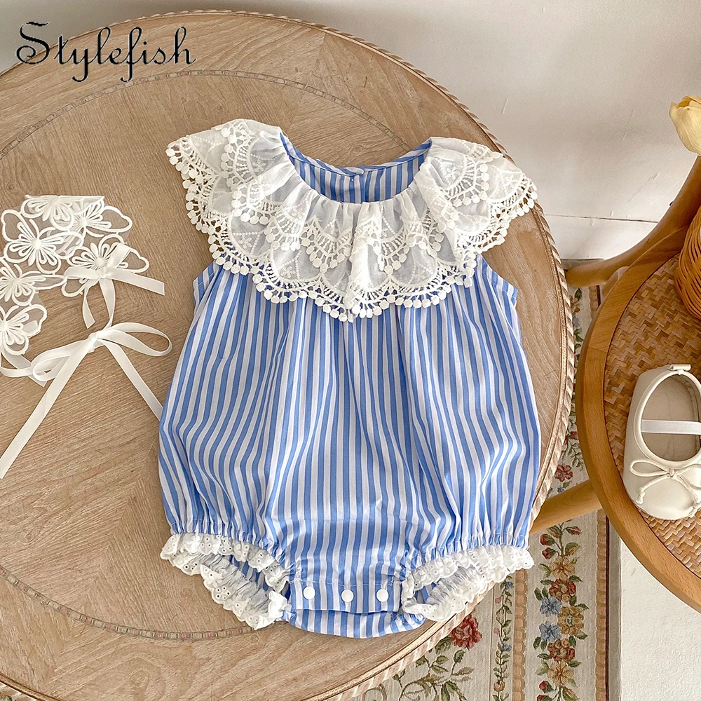 

INS Summer New Product Baby and Children's Bodysuit Girl Baby Cotton Versatile Stripe Large Lace Collar Triangle Romper Creeper