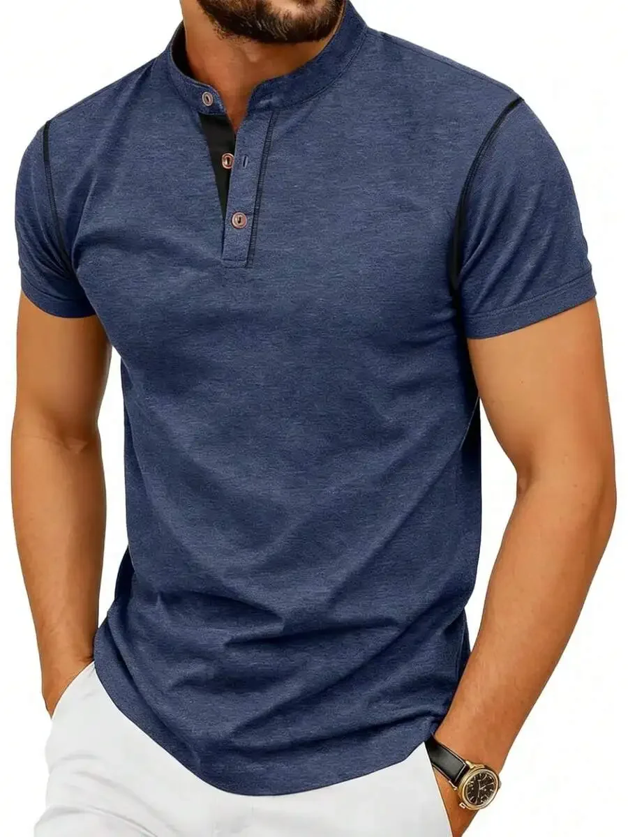 

Mens Henley Short Sleeve T-Shirt Casual Top With Contrast Stitching And Stand Collar
