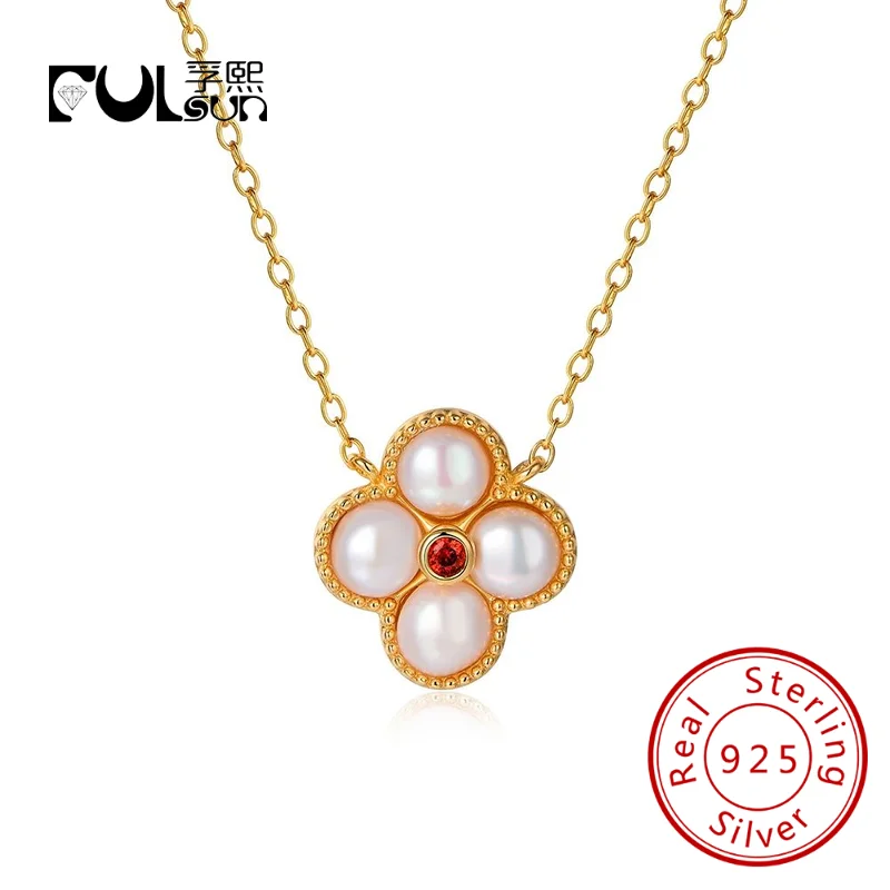 

Изготовленные на заказ ювелирные изделия из стерлингового серебра 925 пробы с покрытием из фруктов 14 карат, ювелирные изделия с четырьмя листьями клевера и жемчугом, ожерелье с красным цирконом и цветком