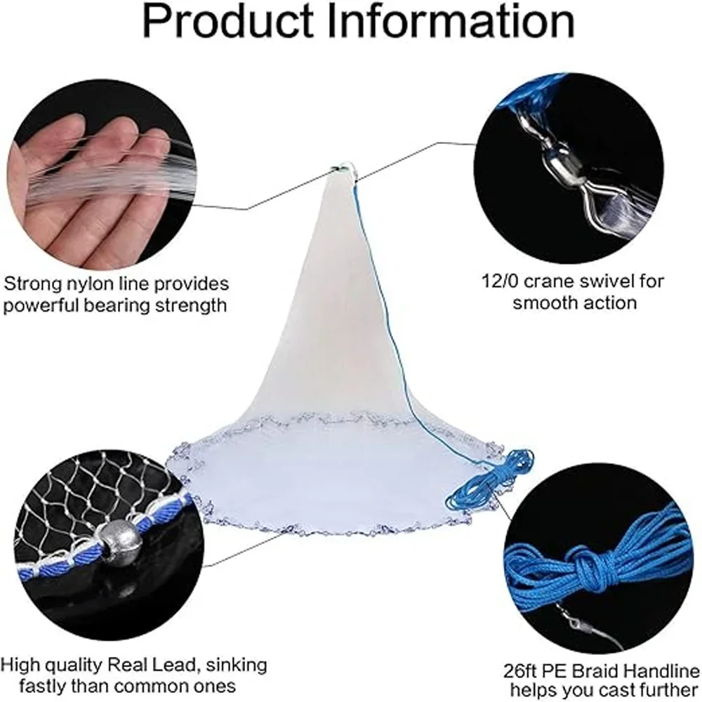 Goture American Saltwater Fishing Cast Net Small Mesh Size Bait Trap net Weight Throwing Fish Nets Hand Throw Catch Fishing Nets