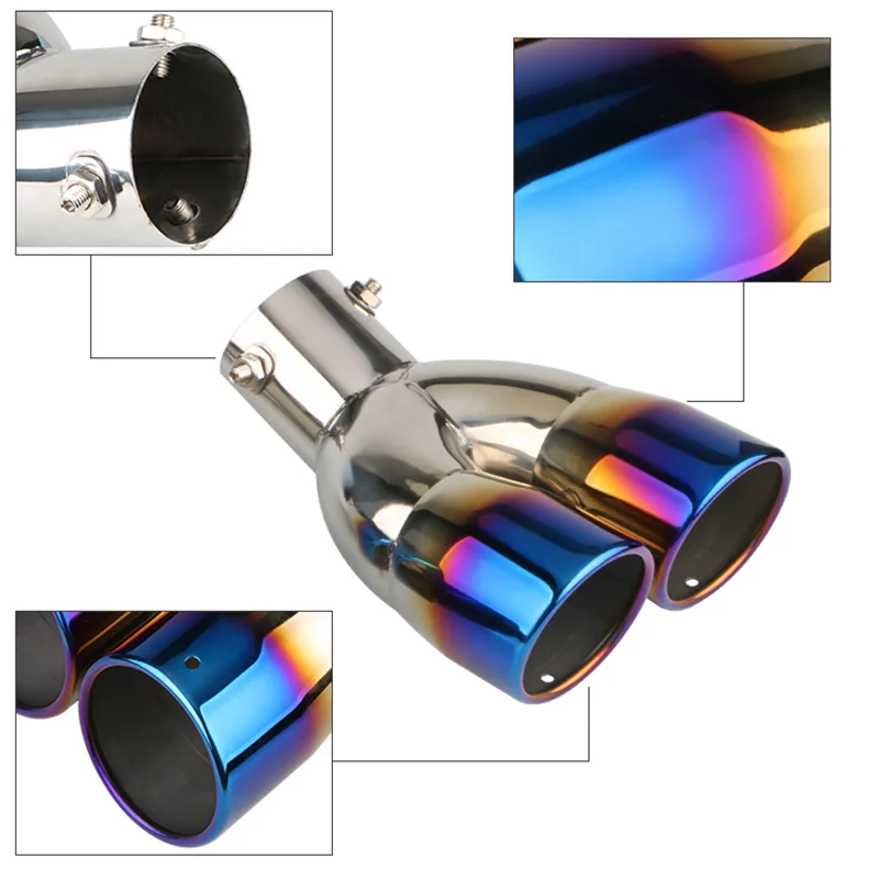 Double Outlet Pipe Car Exhaust Pipe Burnt Blue Silver Stainless Steel Rear Muffler Tip Tail Throat Car Exterior Accessories