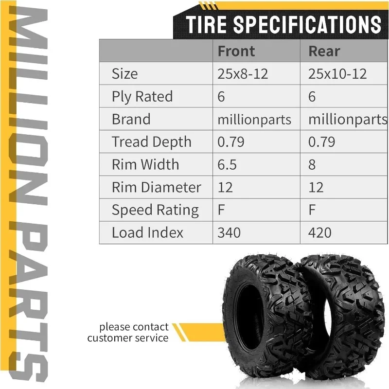 Complete Set of 4 ATV UTV Tires 25x8-12 Front & 25x10-12 Rear 6PR Tubeless,Authenticity guarantee. - view 4