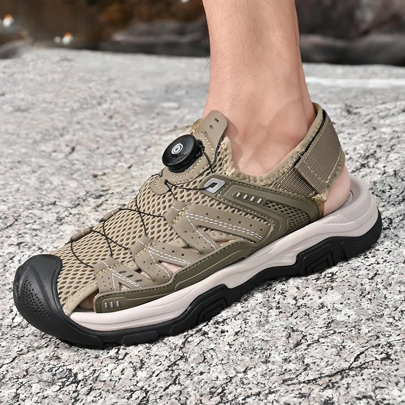 Sandalias de cuero genuino para hombre, zapatos transpirables para senderismo, agua, playa, Camping, escalada, Aqua, Verano