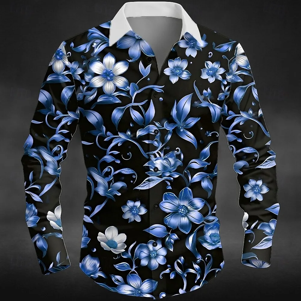 New men's 3D Printed Rose Shirt With Lapel And Long Sleeved Casual Hawaiian Style Fashionable Shirt Top