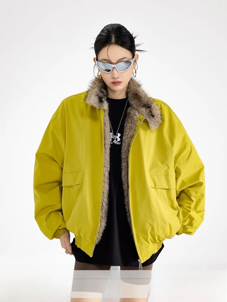 Ich Mode American Style Women's Thickened Cotton Jacket Winter Warm Fur Collar Workwear Versatile Cold Resistance Coat