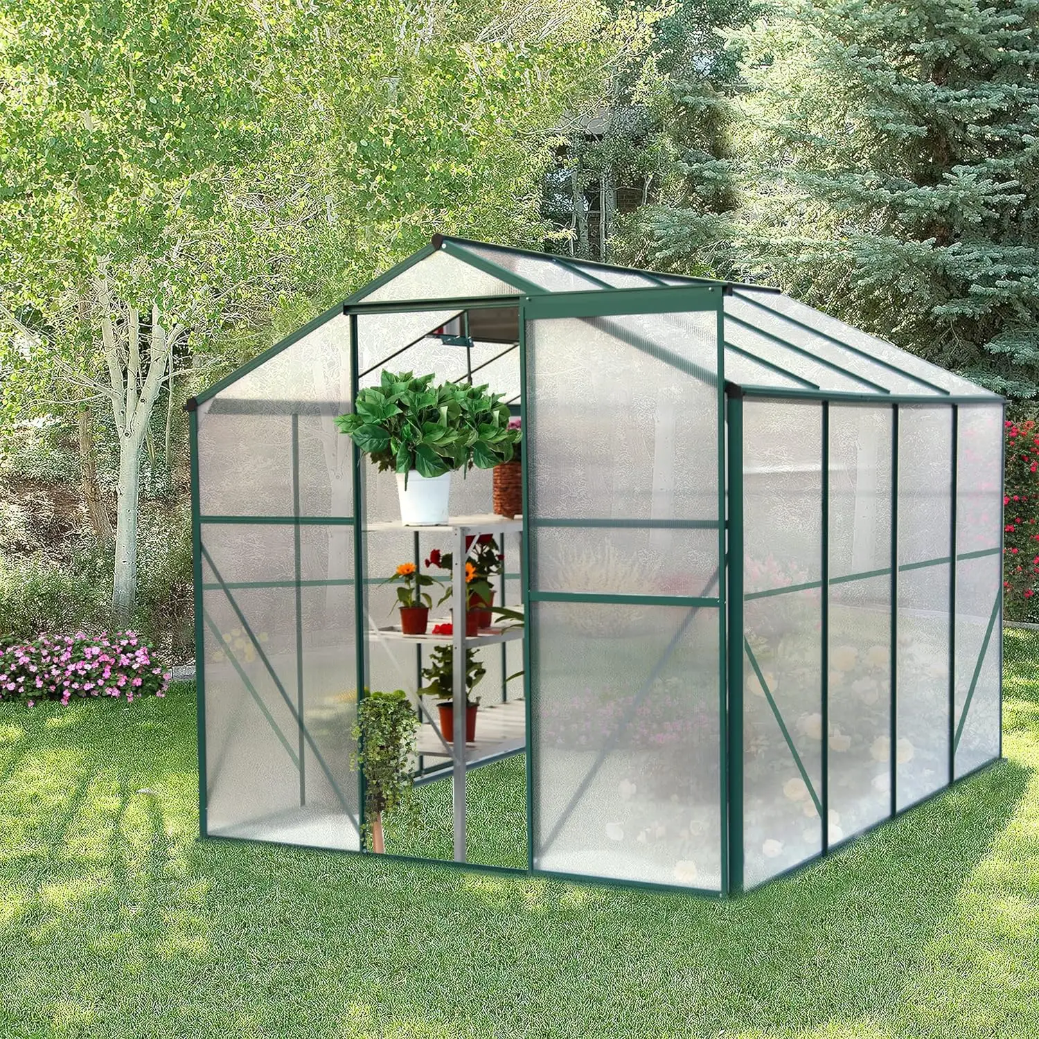 6x8 FT Polycarbonate Walk in Greenhouse Enhance Green House w/ Sliding Door and Adjustable Roof Upgraded Stability & Drainage