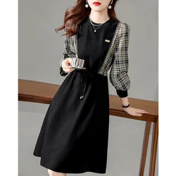 Spring Autumn New Contrast Color Plaid Fashion Long Sleeve Midi Dress Women High Street Casual Lacing Button All-match Vestidos