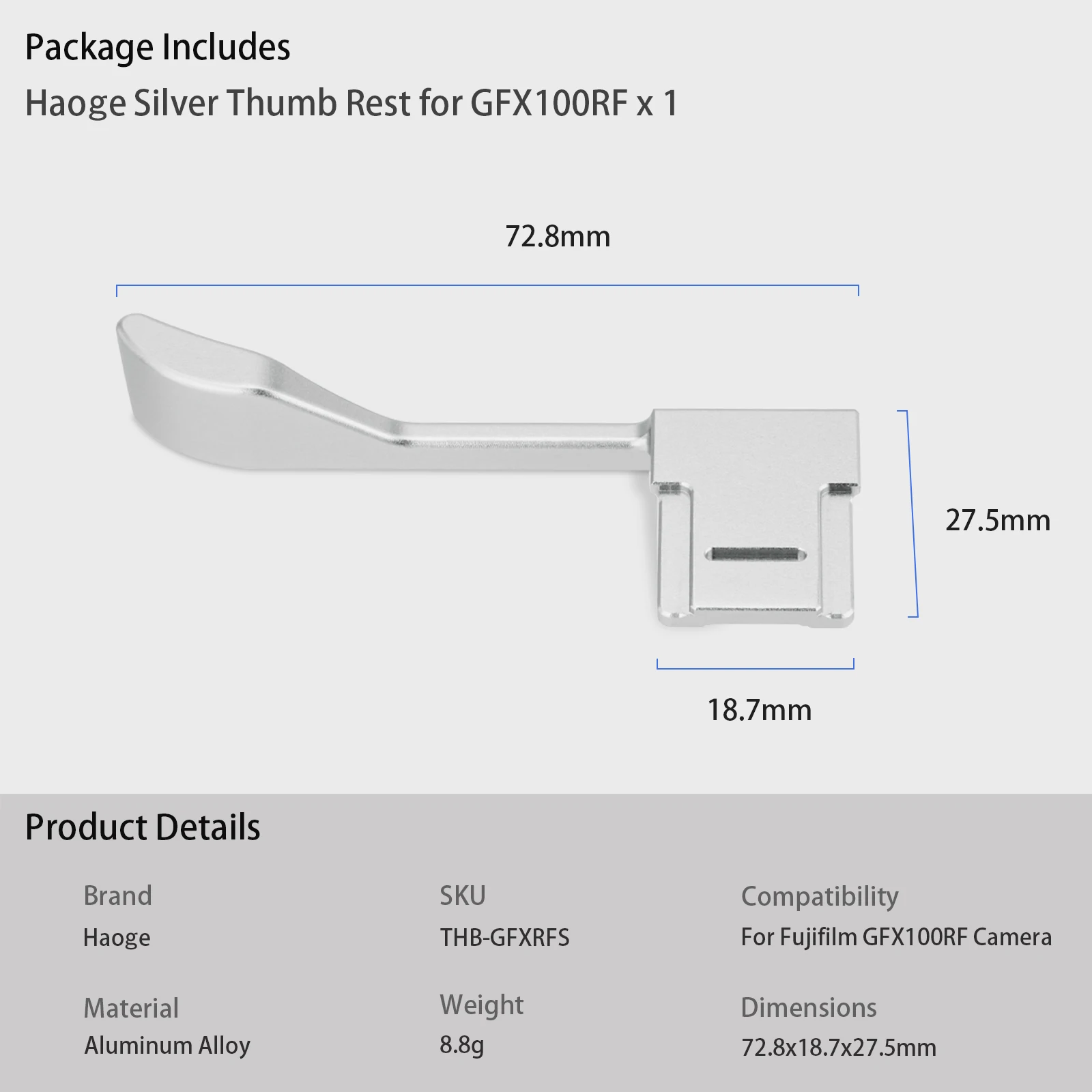 Haoge Metall-Daumen-Up-Griff für Fujifilm GFX100RF Kamera, digitales Zubehör, GFX 100RF, Blitzschuh, Daumen-Up-Rest, Unterstützung, Silber – Detail 8