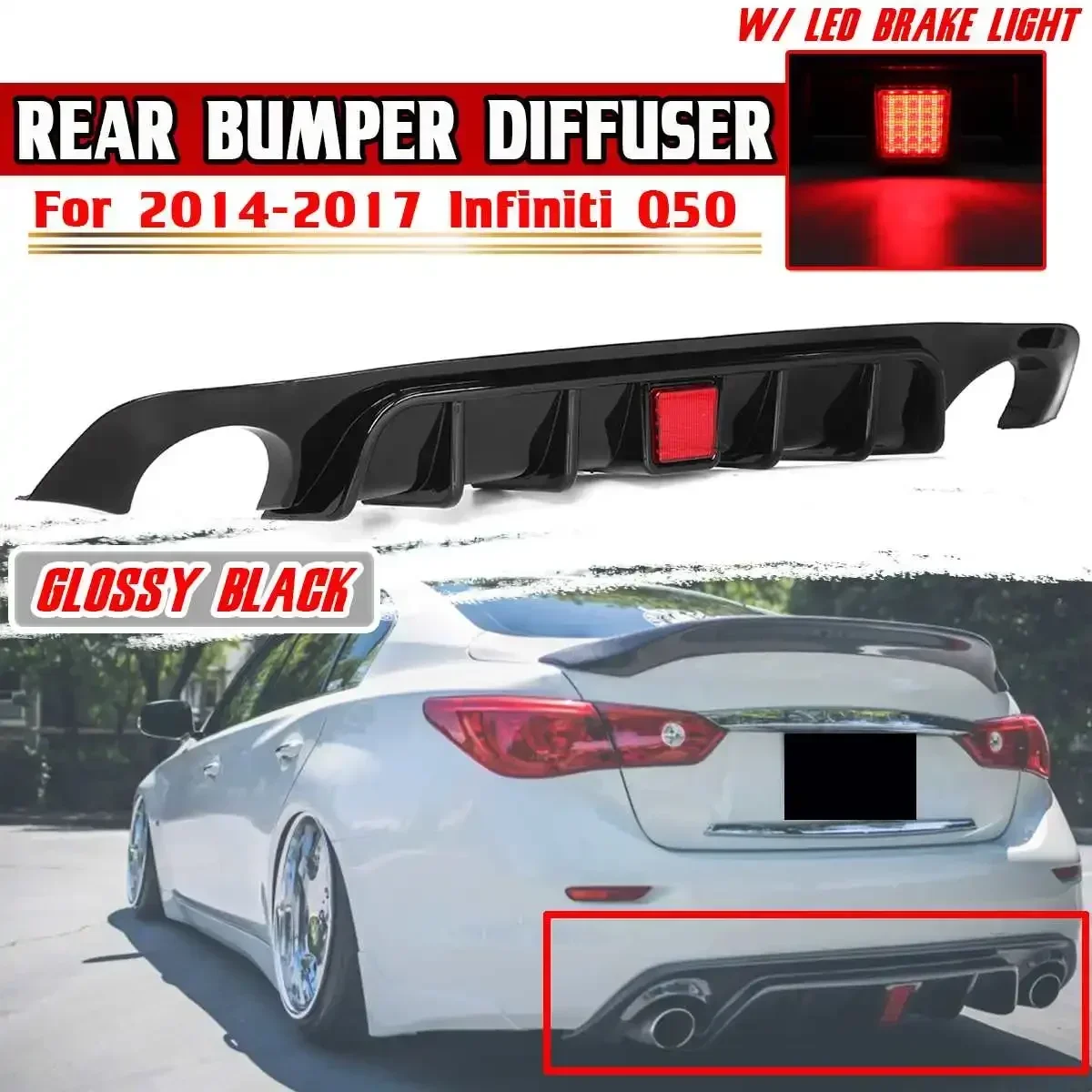 Q50 Car Rear Bumper Diffuser Lip Apron W/ LED Brake Light For Infiniti Q50 2014-2017 ABS Rear Bumper Diffuser Lip Guard Body Kit