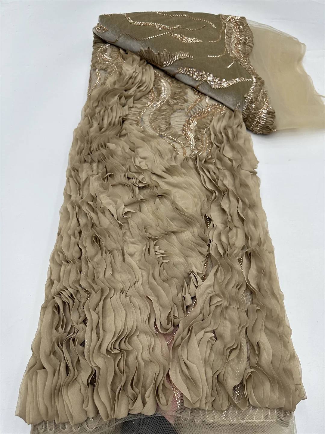 2026 African Nigeria High-Quality 3D Flower Beaded Sequins French Velvet Lace Fabric Nigerian Lace 5 Yards For Wedding Dresses