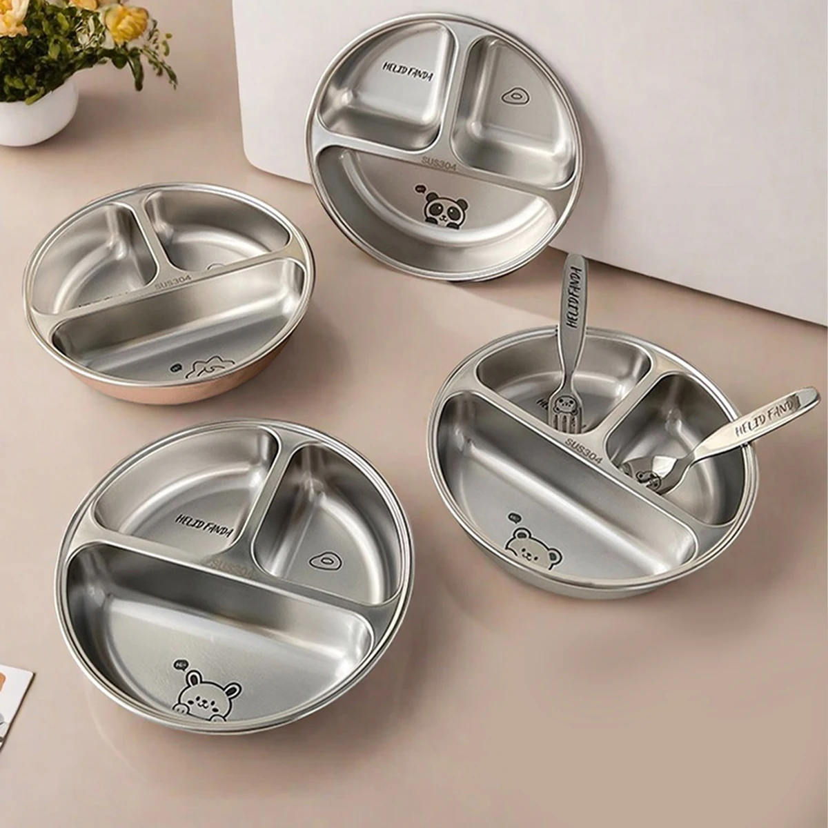 WORTHBUY Round 304 Stainless Steel Dinner Plate 3 Compartments Food Plate Tray Kitchen Food Container Cute Divided Dining Plate
